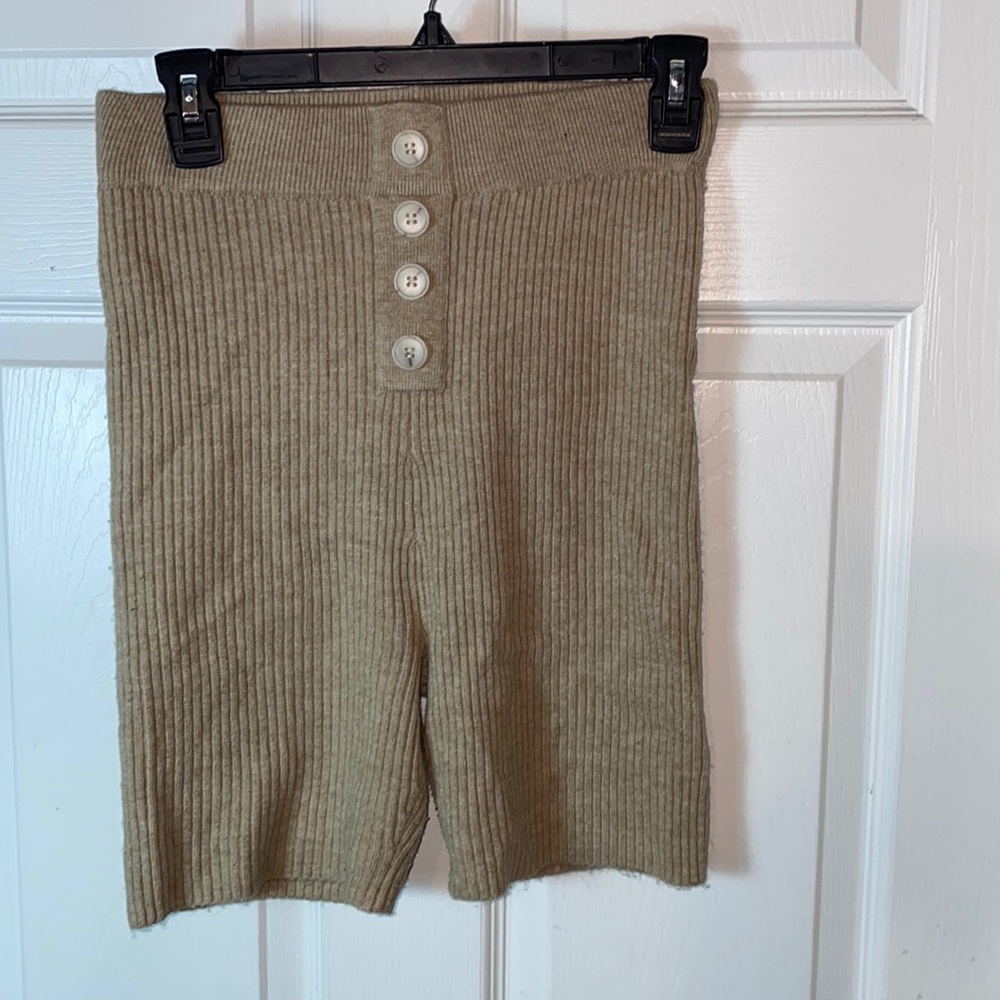 Mable Ribbed Biker Shorts Tan Cream Oatmeal Exposed Buttons